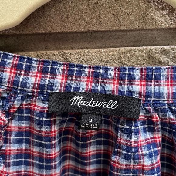 Madewell Blue Red Tie-Sleeve Linen Blend Top in Whitby Plaid Size Small - Picture 4 of 12